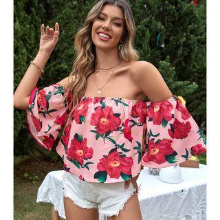 Bell-sleeve Off-shoulder Flower Print Blouse