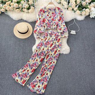 Set: Long-sleeve Floral Print Blouse + Wide Leg Pants