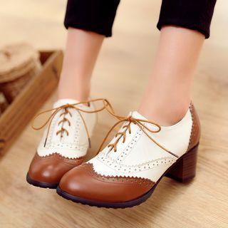 Two-tone Lace-up Chunky Heel Pumps