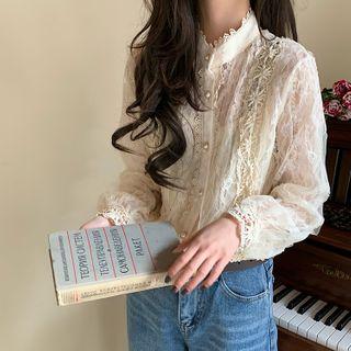 Long-sleeve Lace Plain Blouse Almond - One Size