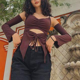 Set: Drawstring Cutout Cropped Camisole Top + Arm Sleeves
