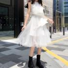 Sleeveless Midi Mesh A-line Dress White - One Size