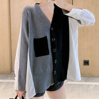 Paneled Cardigan Gray & White & Black - One Size