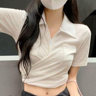 Short-sleeve V-neck Slim Fit Polo Shirt White - One Size