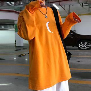 Long-sleeve Moon Print T-shirt Tangerine - One Size