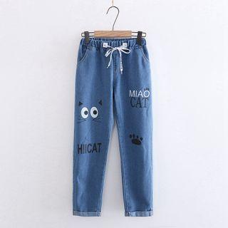 Lettering Cartoon Cat Print Straight Leg Jeans