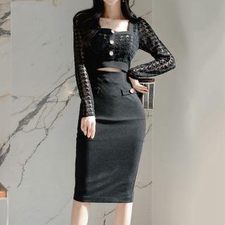 Long-sleeve Square-neck Houndstooth Cutout Bodycon Dress
