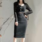 Long-sleeve Square-neck Houndstooth Cutout Bodycon Dress