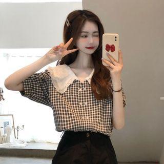 Contrast Collar Plaid Blouse Plaid - Black - One Size