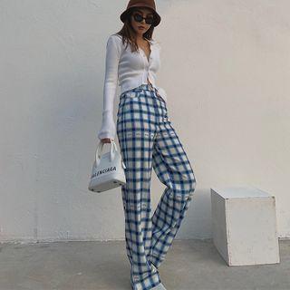 High-waist Plaid Wide Pants