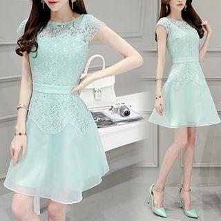Cap Sleeve A-line Lace Panel Organza Dress