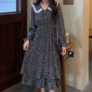 Long-sleeve Lapel Lace Panel Floral Midi Dress