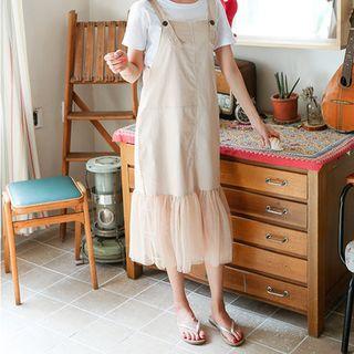 Frilled Mesh-hem Midi Pinafore Dress