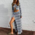 Set: Striped Crop Cardigan + Side-split Maxi Skirt