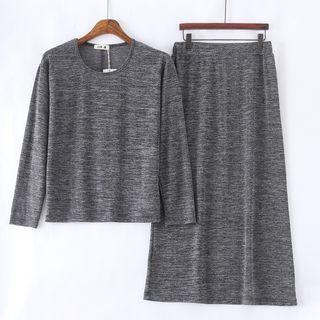 Set: Melange Long-sleeve T-shirt + A-line Midi Skirt