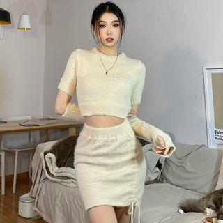Set: Short-sleeve Knit Crop Top + Drawstring Mini Pencil Skirt + Ribbed Knit Fingerless Gloves Almond - One Size