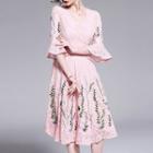 Floral Embroidered Bell-sleeve Midi A-line Lace Dress