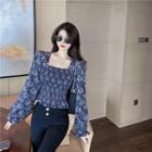 Square Neck Floral Long-sleeve Blouse