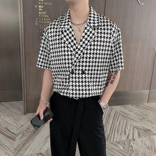 Elbow-sleeve Houndstooth Double Breasted Shirt