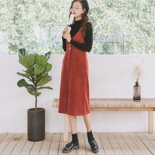 Mock Turtleneck Knit Top / Corduroy Midi Pinafore Dress / Set