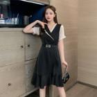 Balloon-sleeve Paneled Belted A-line Dress