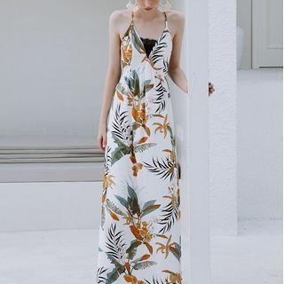 Spaghetti-strap Print Maxi A-line Dress