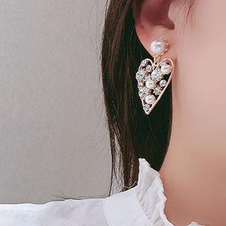 Faux Pearl Rhinestone Heart Earring 1 Pair - Silver Needle - As Shown In Figure - One Size