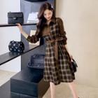 Color Block Plaid Tie-waist Midi A-line Shirtdress