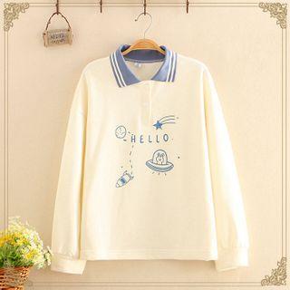 Contrast-collar Rabbit Print Long-sleeve Top
