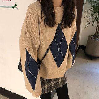 Diamond Pattern Sweater Dark Blue Rhombus - Coffee - One Size