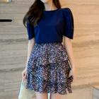 Set: Puff-sleeve T-shirt + Flower Print Mini Tiered Skirt