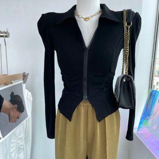Plain Pleated Zip Striped Cropped Top