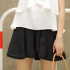 Plain Lace-up High-waist Wide-leg Shorts