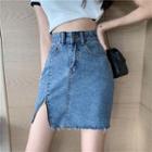 High-waist Denim Zip Slit Mini Pencil Skirt