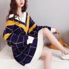 Puff-sleeve Plaid V-neck Long Sweater