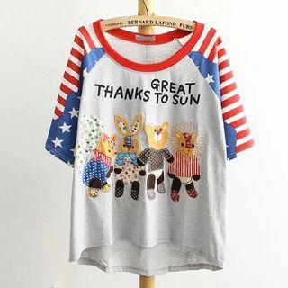 Elbow-sleeve Animal Applique Top