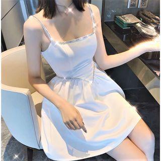 Spaghetti-strap Rhinestone Mini A-line Dress