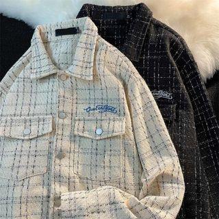 Lettering Embroidered Plaid Single-breasted Jacket