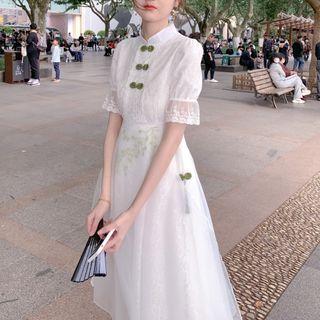 Elbow-sleeve Frog-button Lace Midi A-line Dress