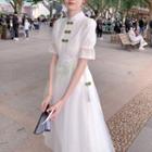 Elbow-sleeve Frog-button Lace Midi A-line Dress