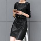 Long-sleeve Faux Leather A-line Dress