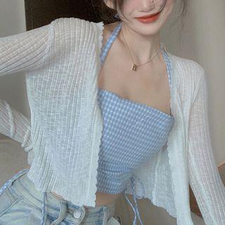Long-sleeve Lace Panel Knit Cardigan