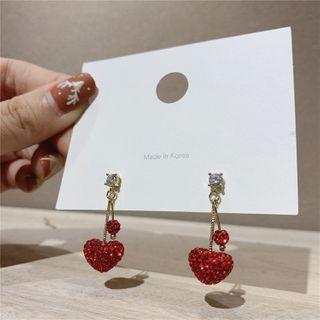 Embellished Earring 1 Pair - Red Heart - Gold - One Size