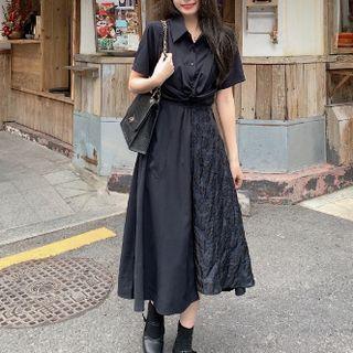 Short-sleeve Floral Panel Midi Shirtdress