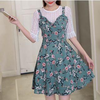 Set: Lace Elbow-sleeve Top + Floral Print Strappy Dress