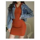 Slit-hem Denim Short Trucker Jacket Blue - One Size