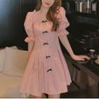 Puff-sleeve Tie Accent Ruffled Pleated Dress