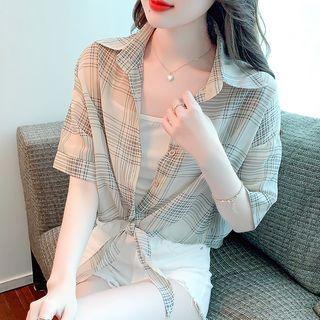 Elbow-sleeve Plaid Tie-front Shirt