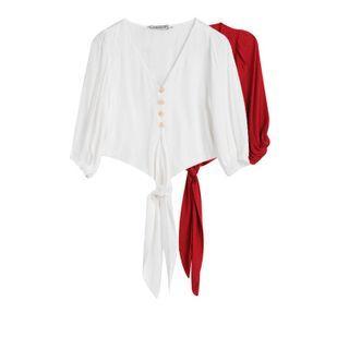 Elbow Sleeve V-neck Tie-hem Cropped Blouse