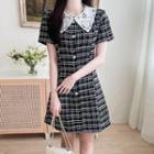 Lace-collar Plaid Tweed Coatdress Black - One Size